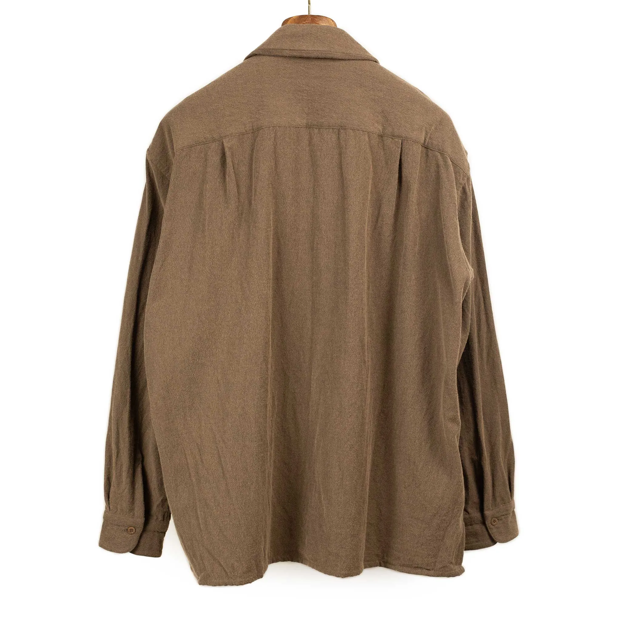 Open collar shirt in brown brushed wool and cotton twill