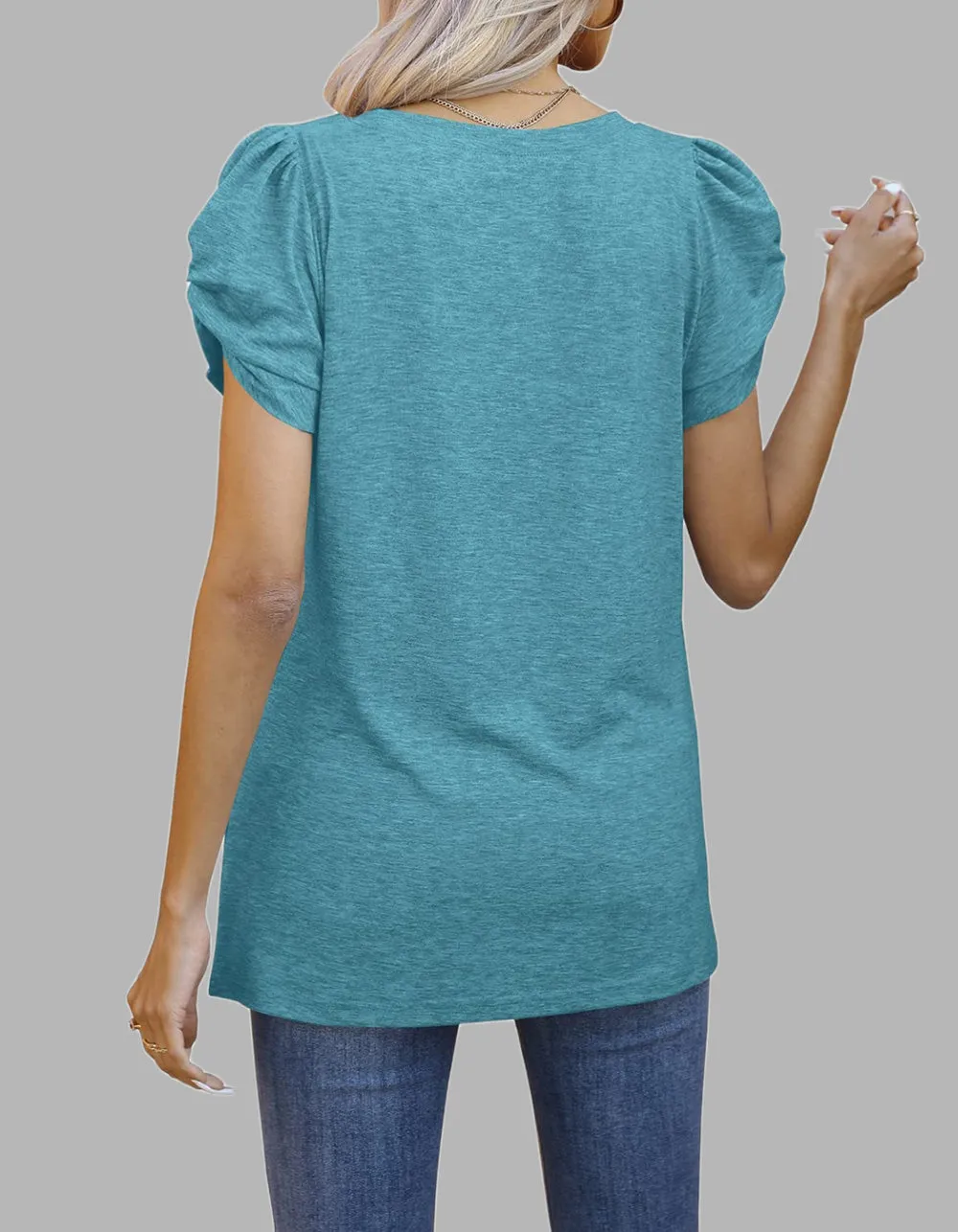 Solid-color V Neck Twist Knot Short-sleeved T-shirt