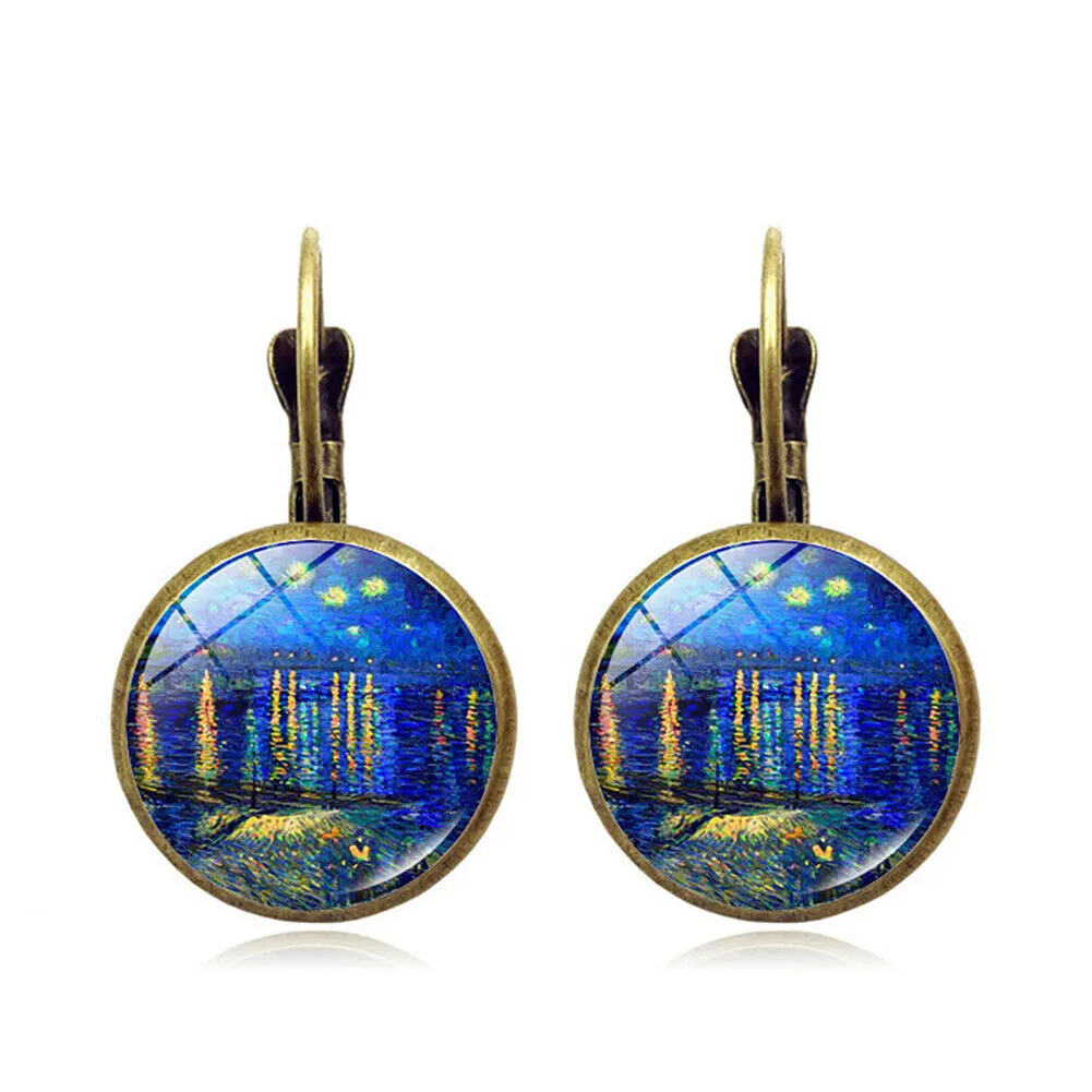 US Starry Night Van Gogh Sunflower Landscape Painting Glass Drop Dangle Earrings