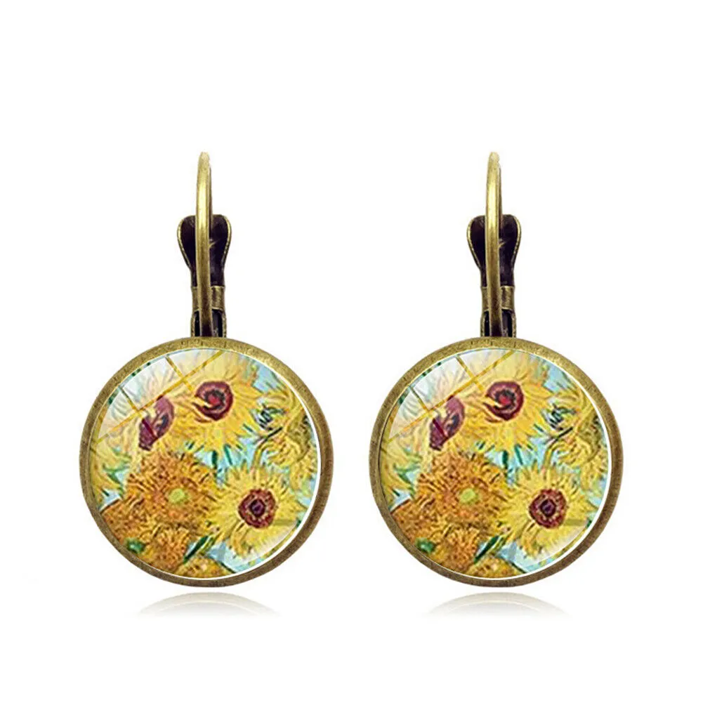 US Starry Night Van Gogh Sunflower Landscape Painting Glass Drop Dangle Earrings